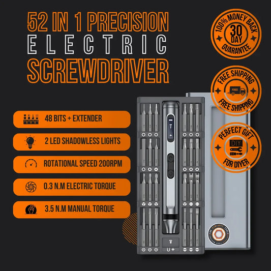 The Almighty Precision Electric Screwdriver 52 in 1 — complete kit with S2 steel bits, LED lights, and storage case
