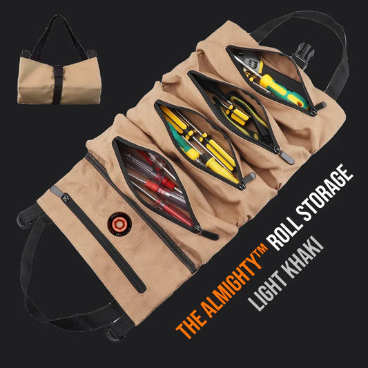Compact tool storage for apartments — The Almighty Roll Storage™ in light khaki with zippered pockets