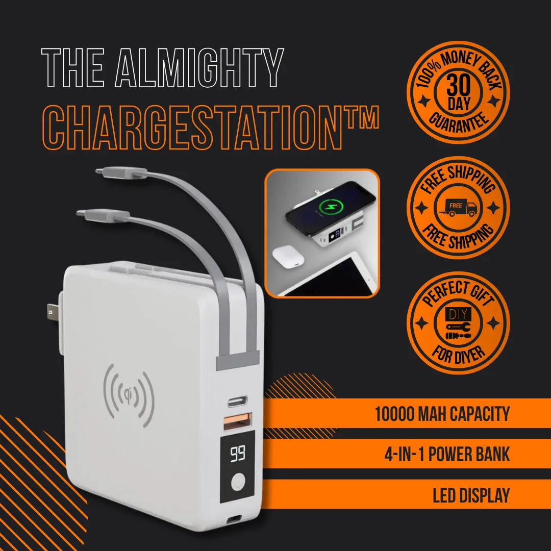 Almighty ChargeStation 4-in-1 portable power on the go — 10000mAh power bank with wireless charging and built-in cables