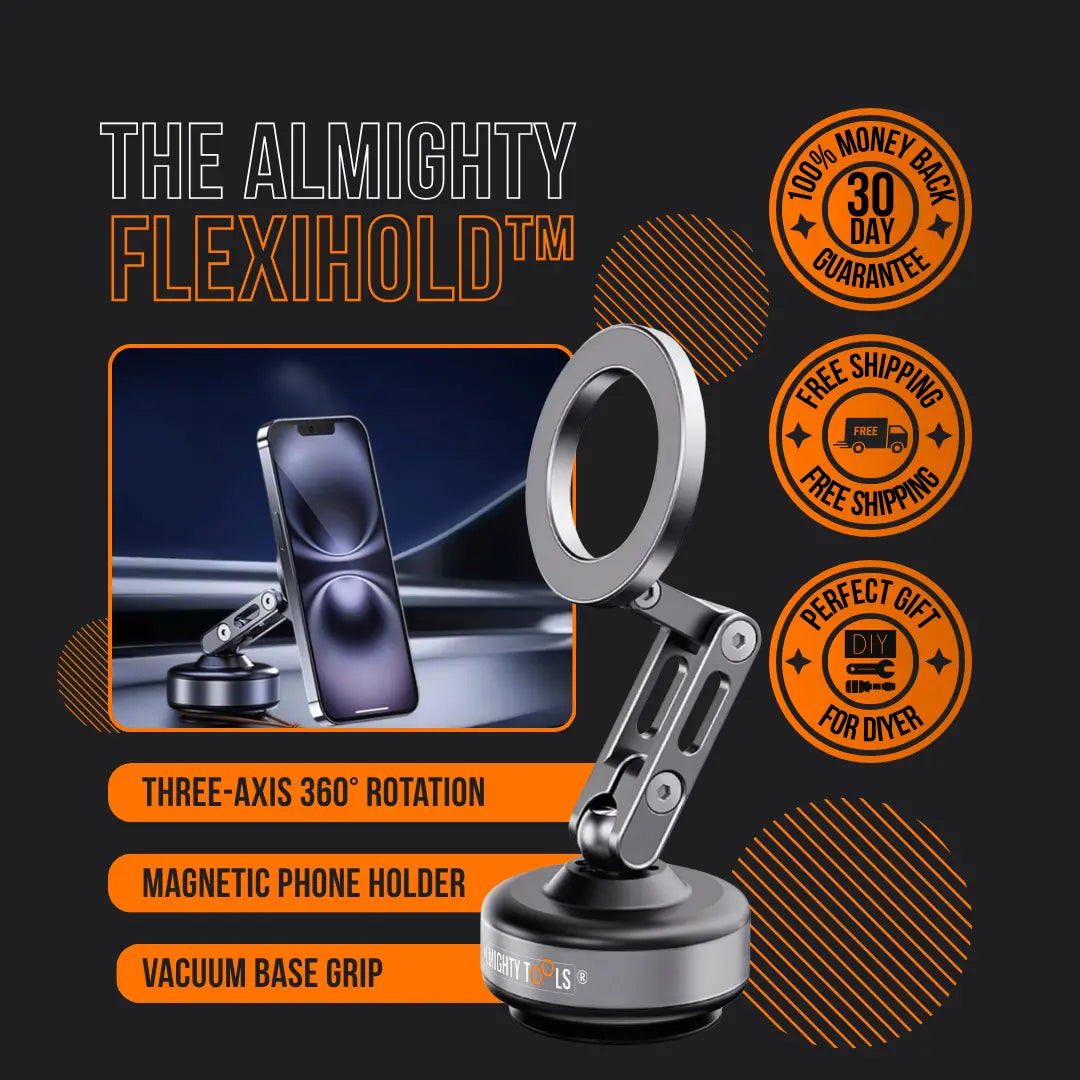 Flexi magnetic phone mount, The Almighty FlexiHold, secured to car dashboard
