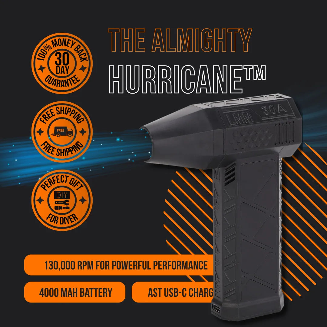 The Almighty Hurricane cordless hurricane blower air duster with 130,000 RPM brushless motor and 4000mAh battery