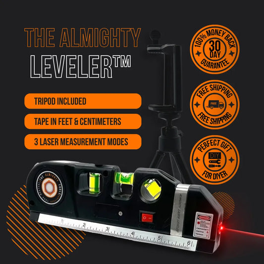 The Almighty Leveler™ — all-in-one laser leveler tool with cross-line laser, three bubble levels, and built-in ruler for precise home and DIY projects