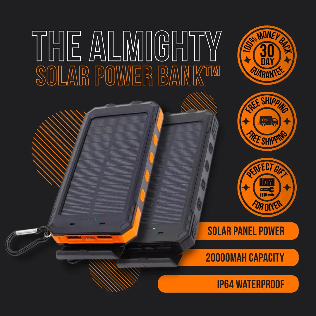 Reliable portable solar power bank with 20000mAh capacity, waterproof body, dual USB ports and built-in flashlight