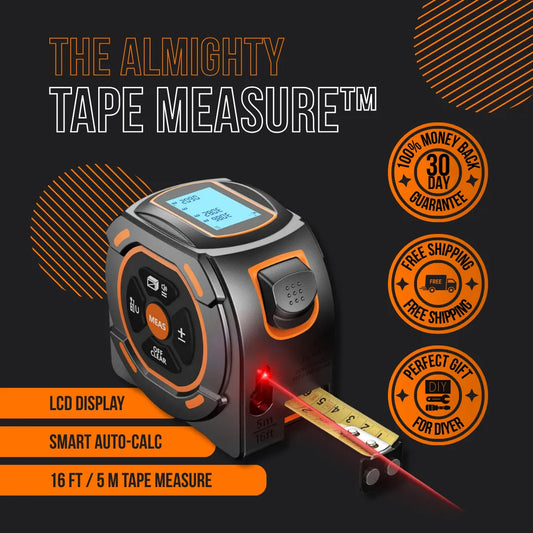 The Almighty Tape Measure digital tape measure with LCD display and laser — all-in-one measuring tool