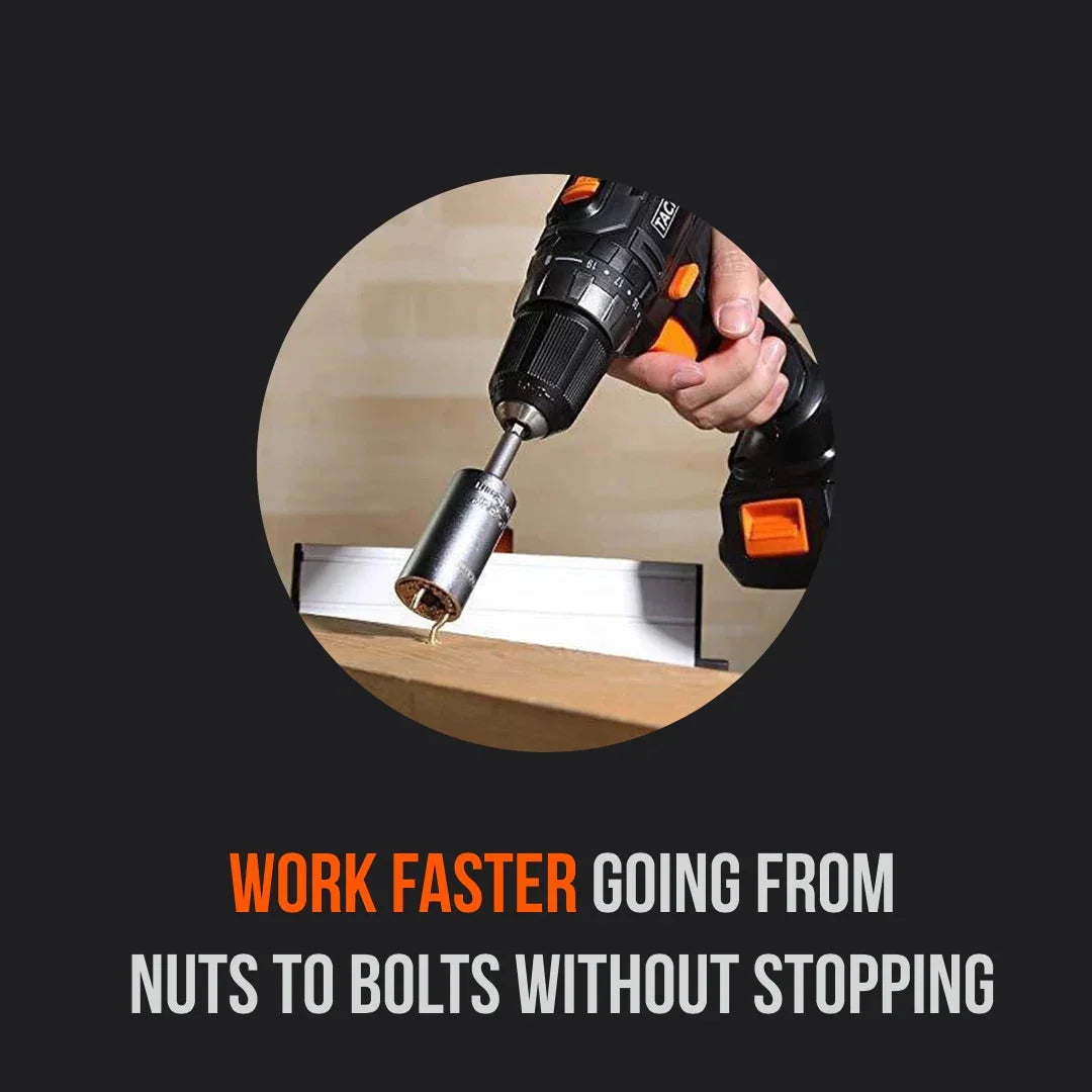 Cordless drill with socket attachment driving bolt into wood, text reads work faster with nuts and bolts.