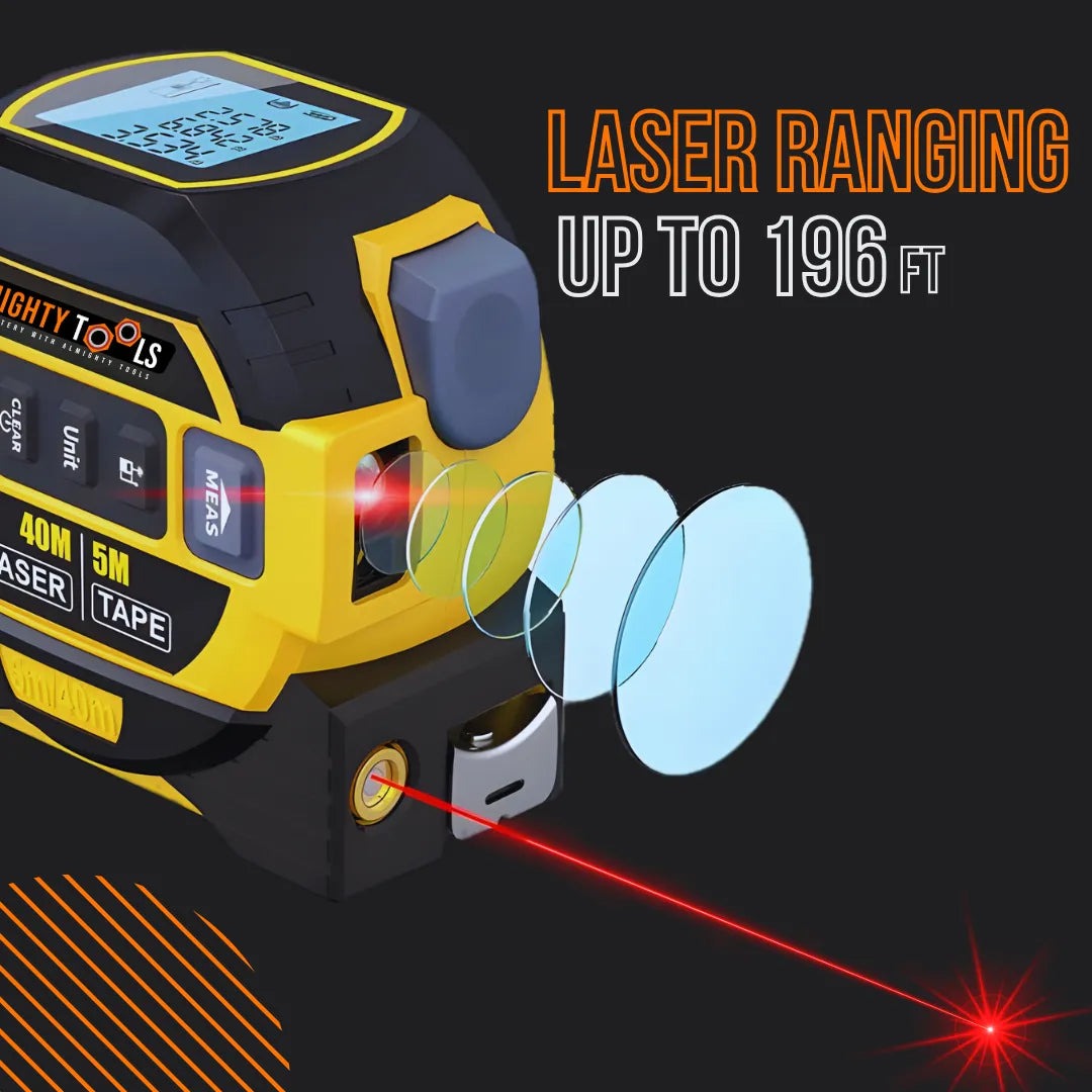 Digital laser tape measure device with LCD screen and laser beam, measures up to 196 feet