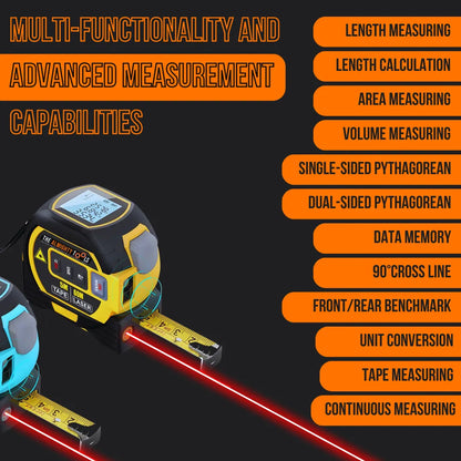 Digital laser tape measure tool with LCD screen and multiple measurement features listed