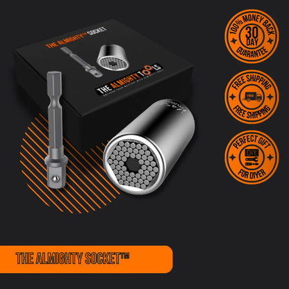 The Almighty Socket universal tool set with socket, adapter, box, and guarantee badges.