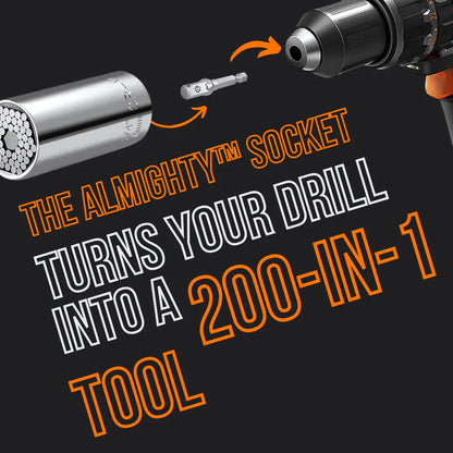 Universal socket drill attachment with text: The Almighty Socket turns your drill into a 200-in-1 tool.
