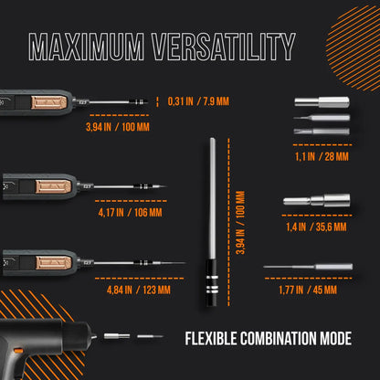 180-in-1 screwdriver kit showing multiple bits, handle, extension rod, and precise measurements.