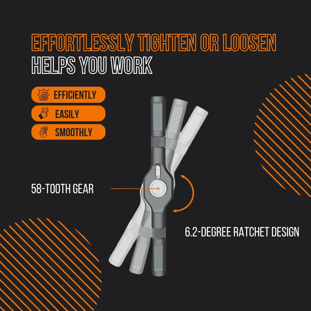 24-in-1 ratchet screwdriver with 58-tooth gear and 6.2-degree rotation, black background
