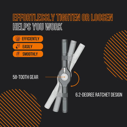 24-in-1 ratchet screwdriver with 58-tooth gear and 6.2-degree rotation, black background