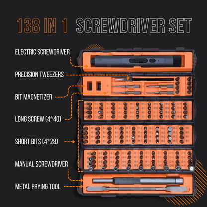 138 in 1 screwdriver set with electric screwdriver, tweezers, magnetizer, bits, and pry tool