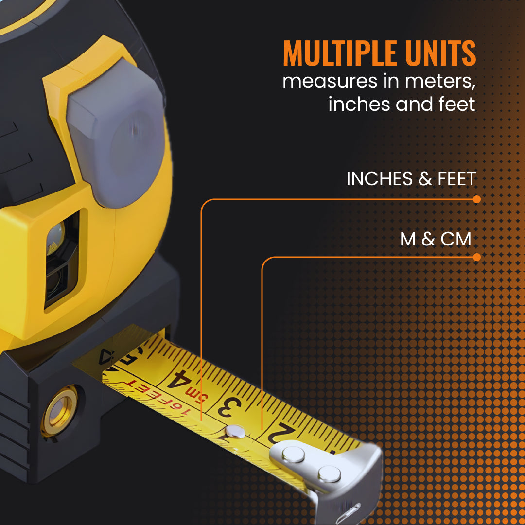 Yellow digital tape measure showing inches, feet, meters, and centimeters on black background