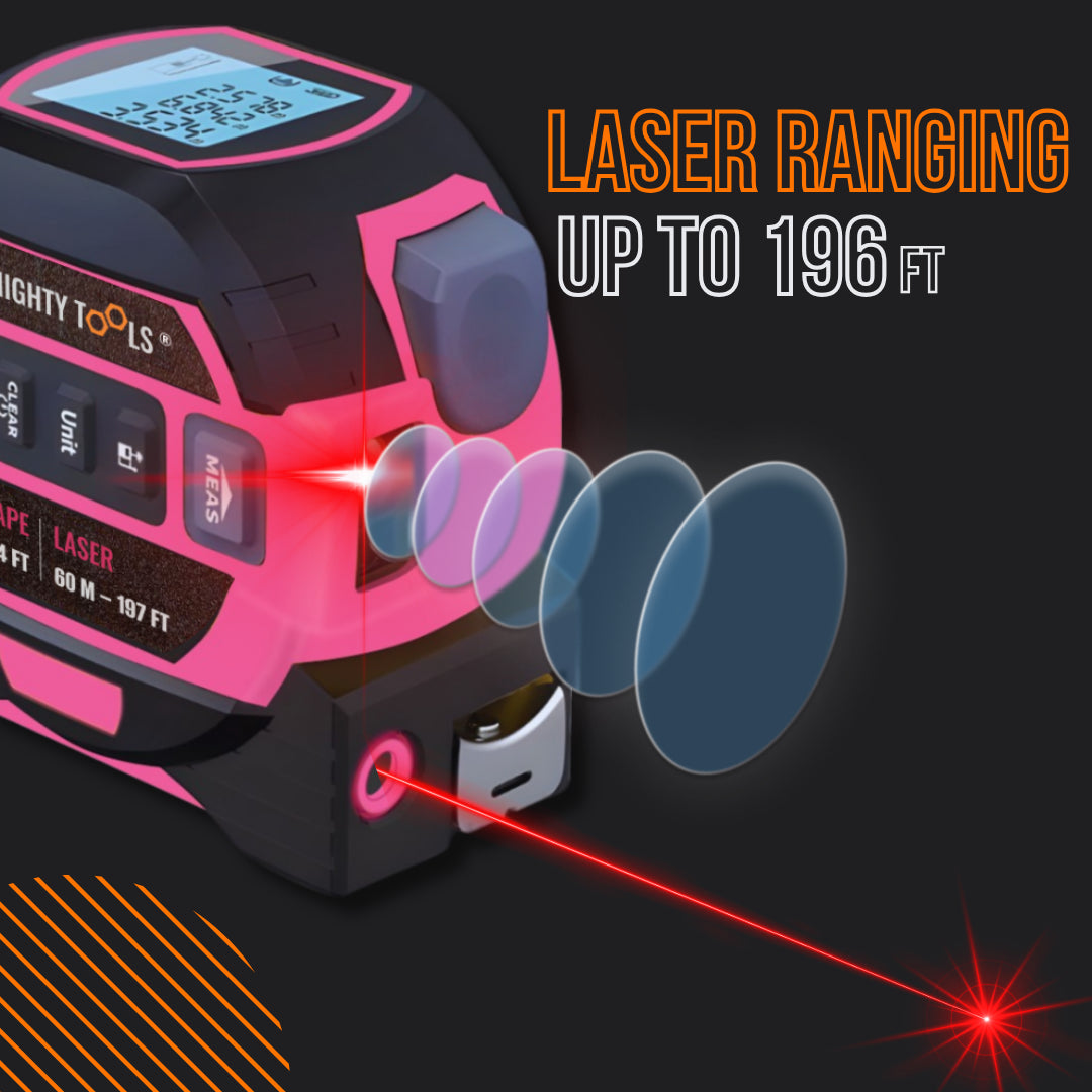 Pink digital laser tape measure showing laser beam and display, measures up to 196 ft