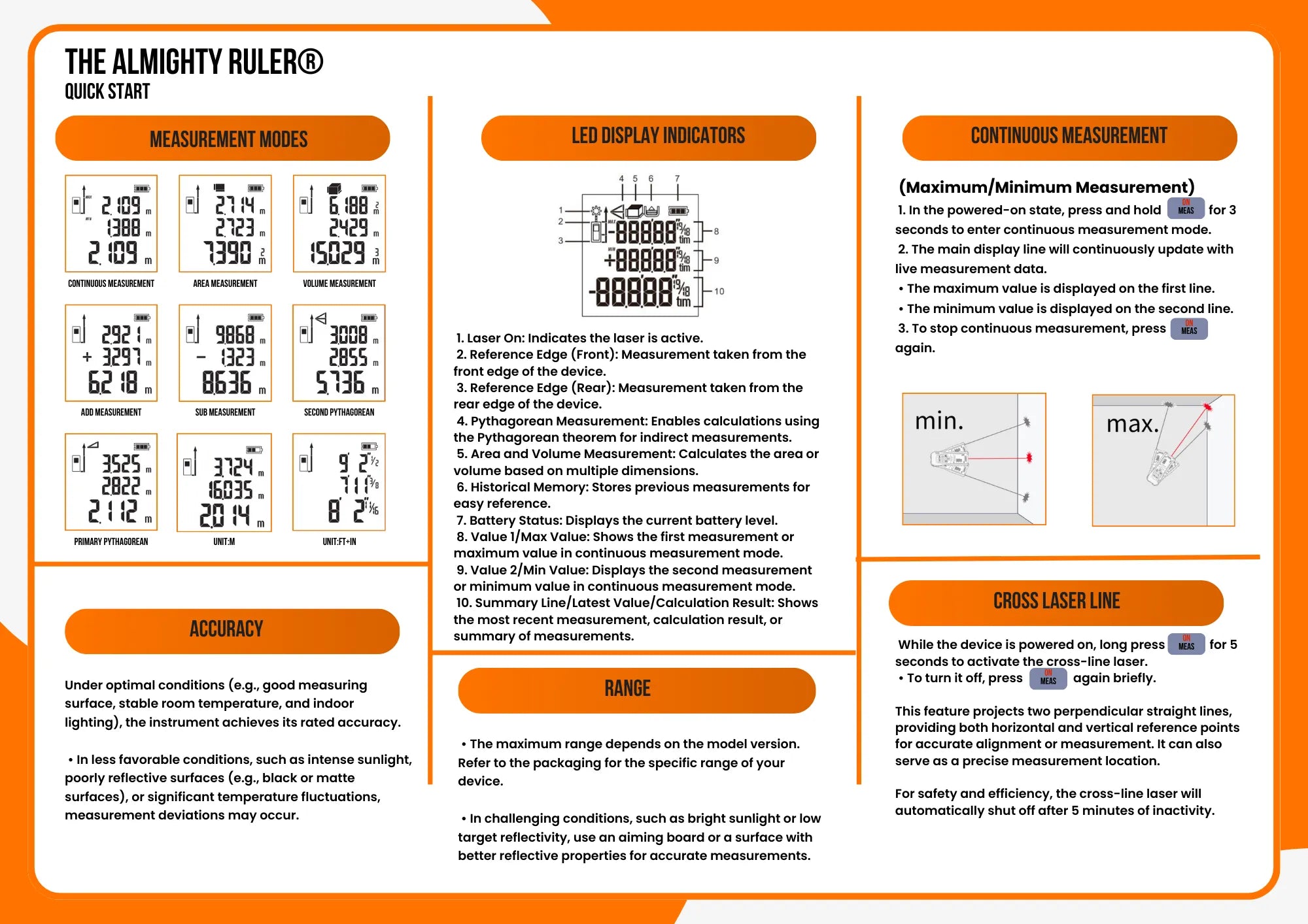Instructional manual for The Almighty Ruler with measurement modes, display indicators, and usage instructions.