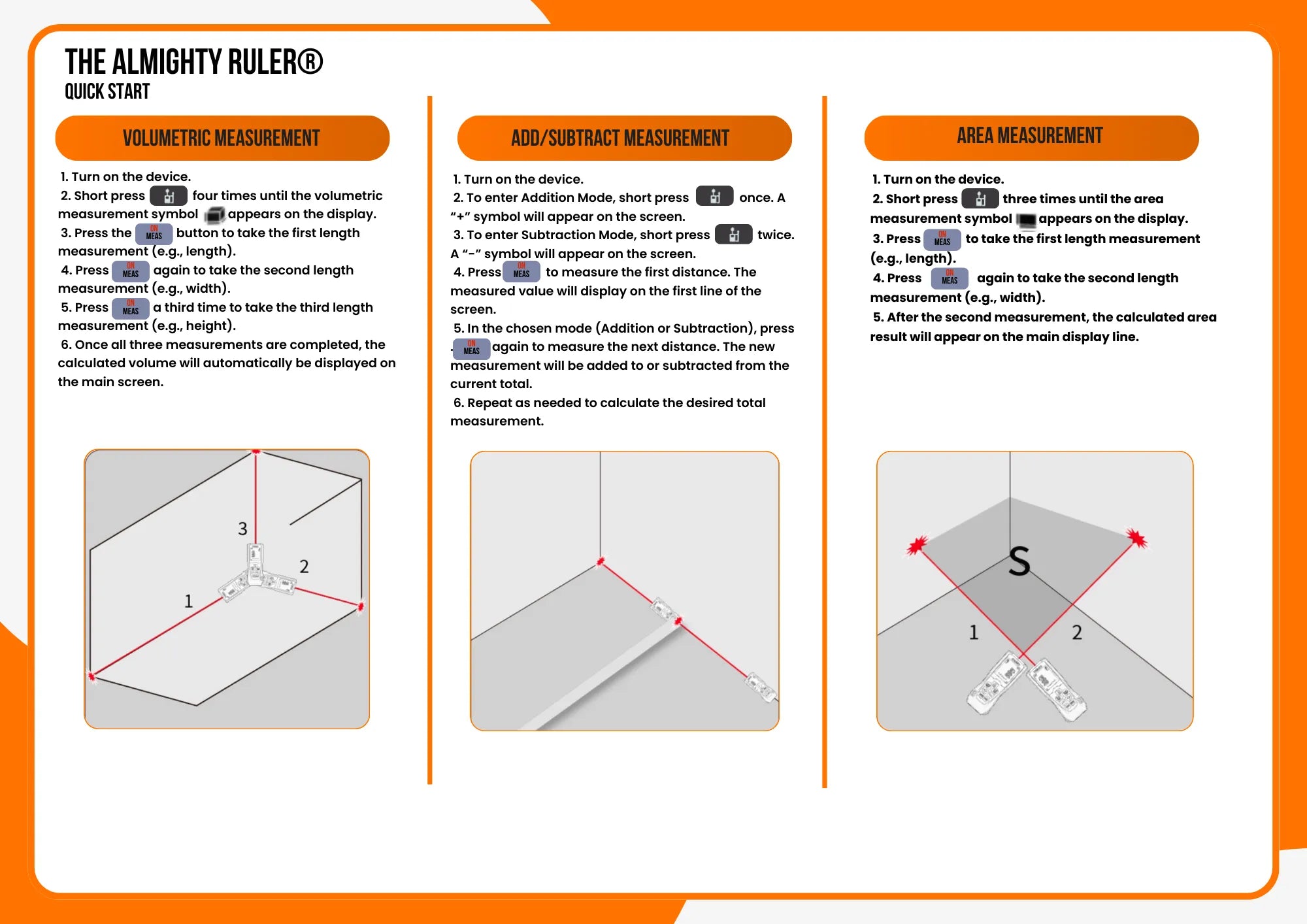 Instruction sheet for 'The Almighty Ruler' with measurement examples on a white background.